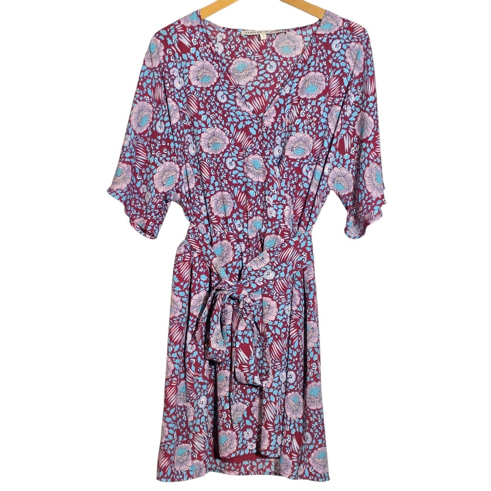 Rebecca Minkoff Womens Medium Janae Floral Faux Wrap Dress Burgundy Blue Pink